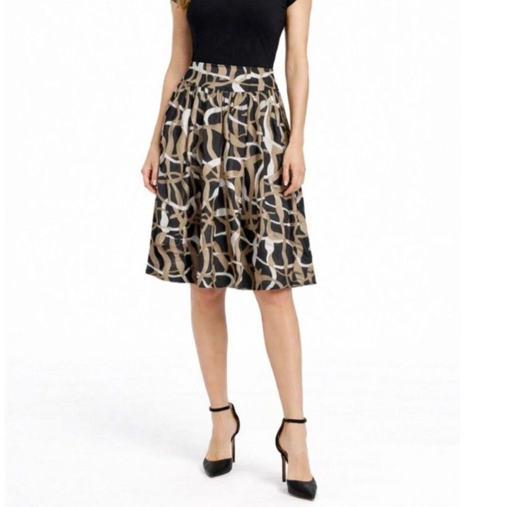 Josephine Chaus Women's Black Taupe Silk Ribbon Print Pleated Skirt Size 12